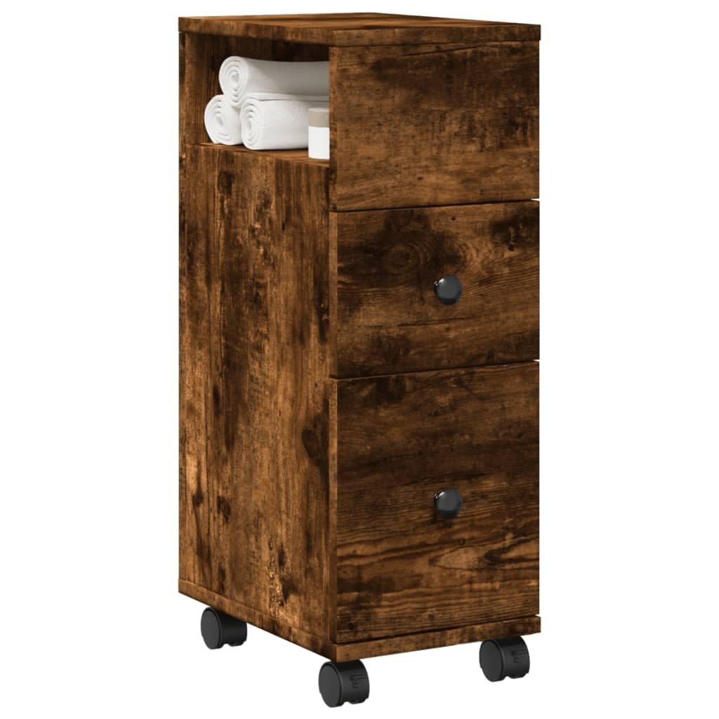 Mobile Bagno Stretto con Ruote Rovere Fumo Truciolato 2 Cassetti 23x33x65