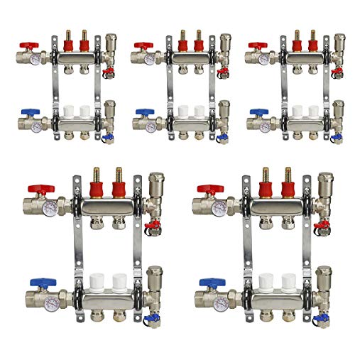 Midline Valve NQT102-5 PEX Manifold 1/2 in. for Radiant Heating System; with Valves, Vents, Gauges, and Mounting Brackets; Stainless Steel; 2 Port (5 Pack)