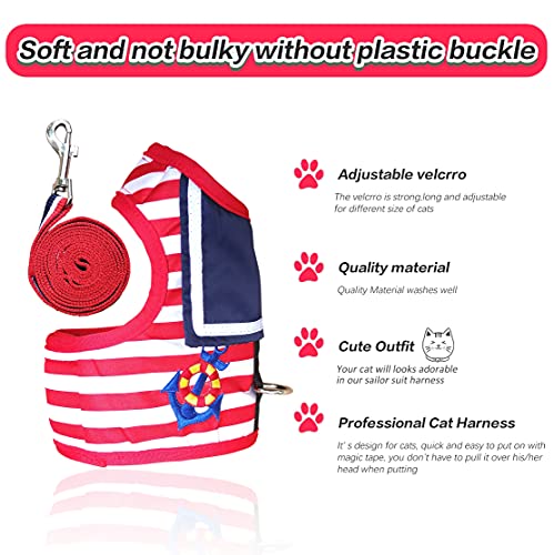 Image of Cat Harness and Leash for Walking Escape Proof, Adjustable Cat Vest Harness, Padded Stylish Cat Walking Jackets, Sailor Suit Red, Medium