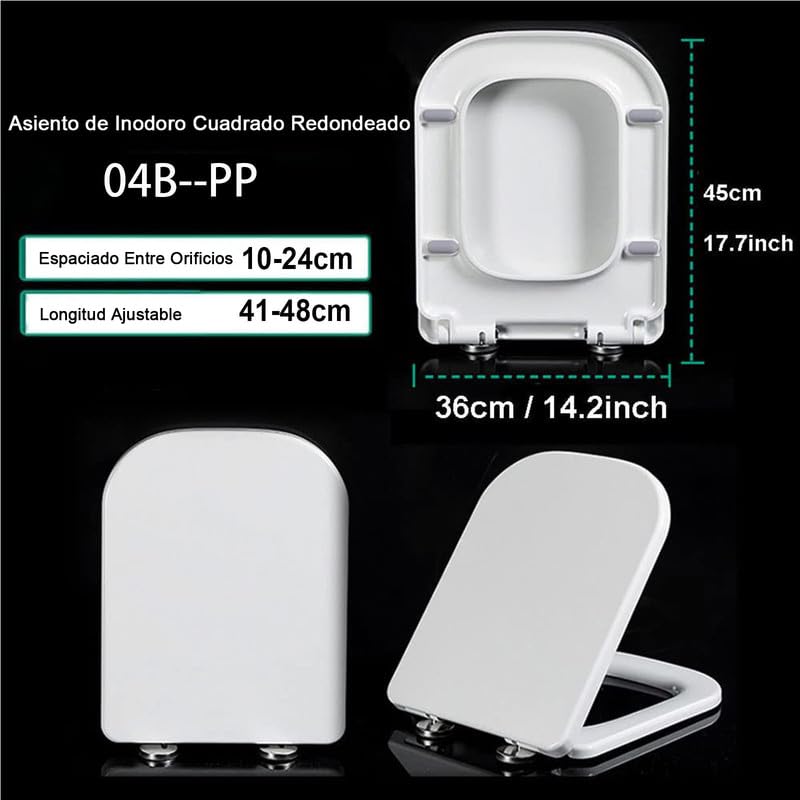 Tapa WC Cuadrada Universal, Asiento de Inodoro de Cierre Suave con Liberación Rápida para una Fácil Limpieza, Bisagras Ajustables, Tapa de Inodoro de PP, Blanco, 04B, 45x36cm