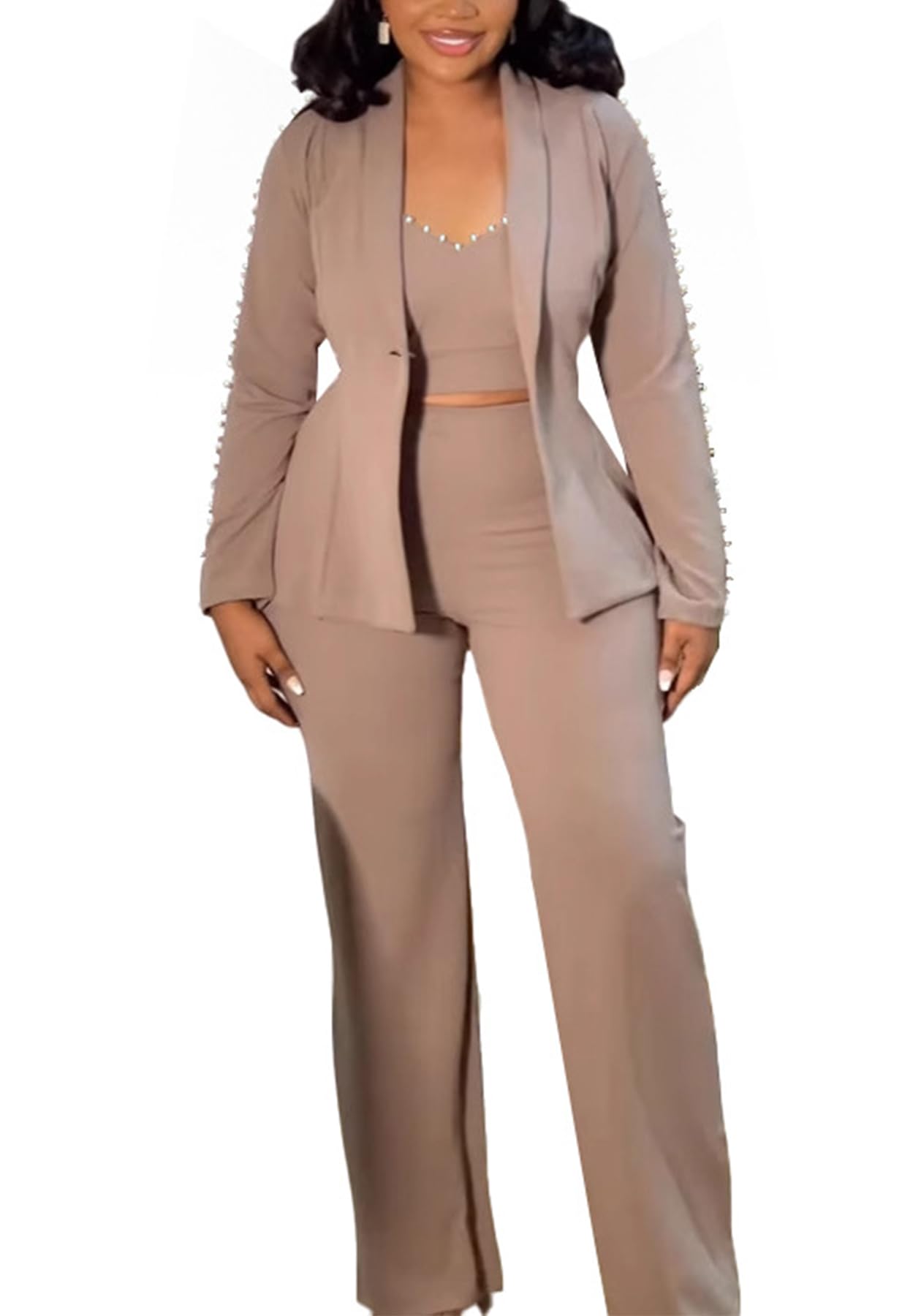 Tcremisa Womens Elegant 3 Piece Blazer Set Casual Business Outfits Pearls Long Sleeve Blazer and Dressy Pants Sets