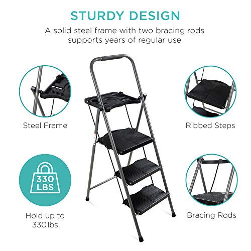 Best Choice Products 3-Step Ladder, Portable Folding Anti-Slip Step Stool w/ Utility Tray, Hand Grip, Rubber Feet Caps, 330lb Capacity