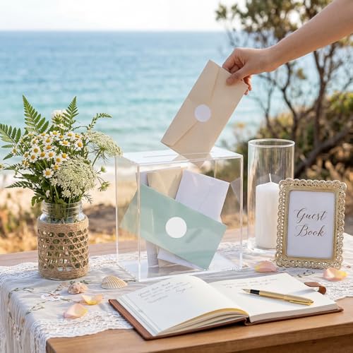 Image of UNIQOOO Clear Acrylic Card Box w /Slot, Thick DIY Wedding Box Blank No Print, Large 10x10x5.5 in, for Reception Decoration Fundraiser Money Box Election Ballot Graduation Keepsake Party Favor