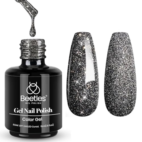 Image of Beetles Black Gel Nail Polish, 1Pcs 15ML Glitter Gel Nail Polish Black Sparkle Reflective Shimmer Color Soak Off UV Lamp Disco Nail Art Manicure Salon DIY at Home Gifts for Women