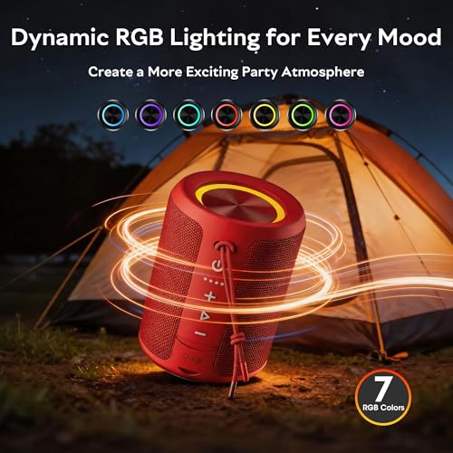 Image of Portable Bluetooth Speaker, IPX7 Waterproof Wireless Speaker with 20W Loud Stereo Sound, 15H Playtime & Beat-Synced RGB Light, Small Outdoor Speaker for Shower, Pool, Beach,Hiking,Gifts(Red)