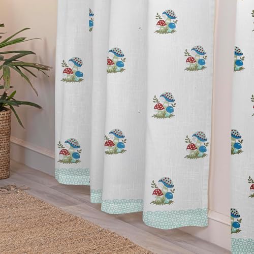 Image of LINENWALAS Printed Decorative Cotton Sheer Curtains 5 Feet Long Set of 2 Panel, Grommet Hanging, Mushroom Carnival Curtains for Children Room, Living Room, Home Decor (L-7 x W-4.5 Feet)