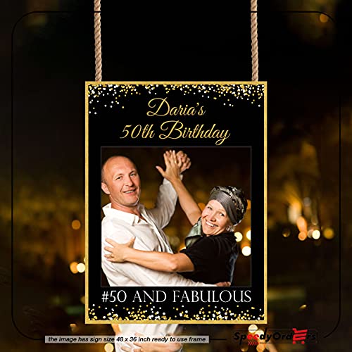 Fifty & Fabulous Photo Booth Frame, 50Th Birthday Decorations, Personalized Black And Gold Glitter Selfie Frame, Custom Photo Booth Props, 20Th, 30Th, 40Th Birthday, Party Supplies Sizes 36X24, 48X32 #TOP2