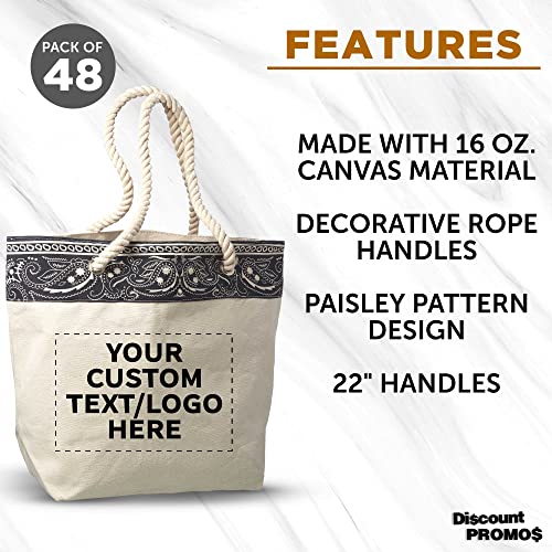 DISCOUNT PROMOS Custom Paisley Pattern Canvas Tote Bags Set of 48, Personalized Bulk Pack - Cool Modern Design, Perfect For Everyday Use - Natural2