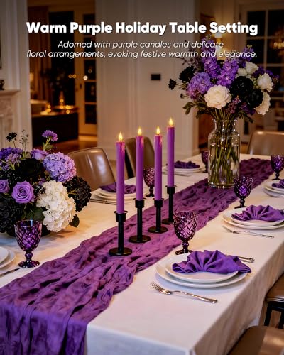 Image of Homemory 3 Pcs Waxy Purple Flameless Taper Candles with Remote Timer, LED Fake Candlesticks, 9.6 Inches Battery Tall Candle with 3D Flickering Flame for Wedding, Dinner, Christmas Anniversary Decor