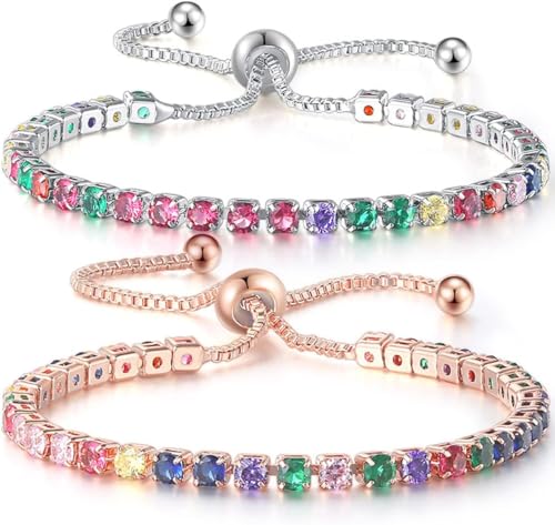 Karriter Deltanatural zartes Regenbogen-Turmalin-Ionen-Armband, verstellbares Tennisarmband Geburtsstein, abnehmendes magnetisches Armband, Chakra-Edelstein-Armband (2Paar)