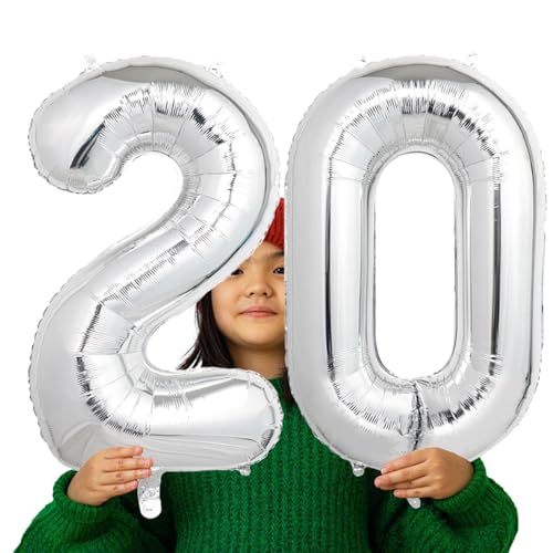 Image of Number Balloons Silver Party Balloon - Giant Number 20 Balloon, 40 Inch Large Balloon for 20th Birthday Decorations, Silver Party Supplies for Anniversary