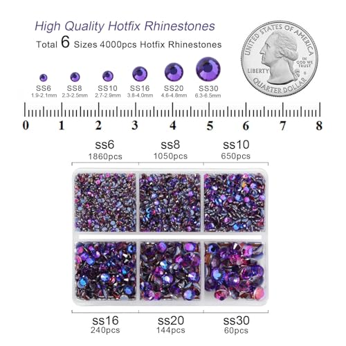 Image of BEADSLAND Hotfix Rhinestones, 4000 PCS Purple Rhinestones for Clothes Crafts Mixed 6 Sizes with Wax Pencil and Tweezers Kit, SS6-SS30, Purple Velvet