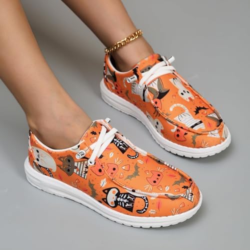 Women's Fashion Halloween Canvas Sneakers,Pumpkin Skeleton Printed Low Top Lace up Walking Shoes Breathable Casual Comfortable Flat Slip-On Shoes Indoor Outdoor3