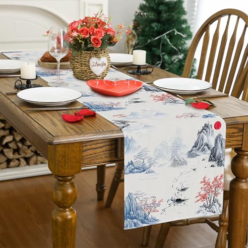 Image of Chinese Ink Mountain Table Runner,Zen Style Oriental Art Linen Table Decor with Blue Landscape & Red Trees for Buffet, Wedding Reception, Home Decor, Durable & Washable 13x90 Inch