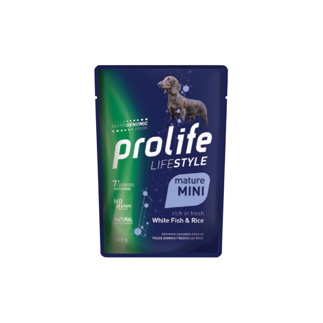 Prolife Umido Cane Mature Small Mini Lifestyle 100gr, alimento completo per cani anziani di tutte le taglie gusto PESCE BIANCO e RISO | 12 bustine da 100 grammi l’una.