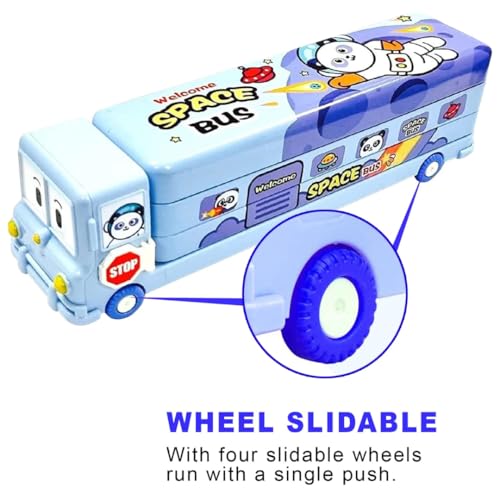 Image of Storio Bus Shape Pencil Box School Bus Metal Geometry Box for Kids Magic Bus with Moving Tyres with 3 Compartments Moving Tyre's & Sharpener Geometry Case for Boys & Girls - Space, Blue