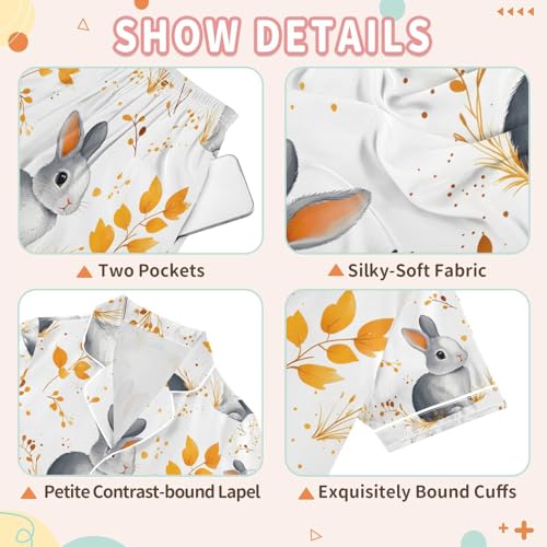 senya Grey Rabbit Leaves Satin Summer Pajama Sets Silk Short Sleeve Button Down Sleepwear3