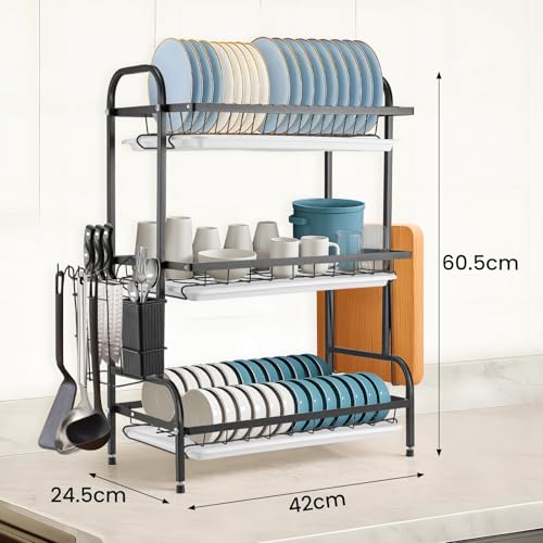 Dish Rack 3-Tier Dish Drainer Rack with Drainboard Large Over Sink Drying Rack Kitchen with Cutlery & Cutting Board Holder Space-Saving Kitchen Draining Board with Drip Tray - Image 3