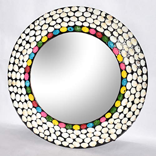 Image of 15 inch Sea Shell Wood Crafted Wall Mount Round Mirror for Wall - Rustic Accent Mirror for Bathroom - Entry - Dining Room - Living Room - Gift (15 inch x 15 inch, Multi)