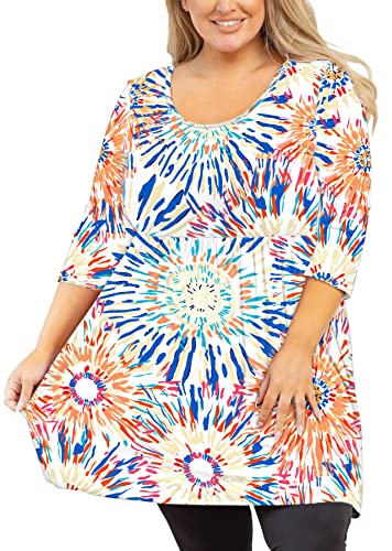 AusLook Plus Size Clothes For Women 3/4 Sleeve Colorful Fireworks 2X Crewneck Clothes Clothing Flowy Blouse Tunic Dress Babydoll Summer Fall Winter Maternity Shirts