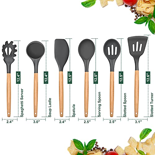 Cooking Utensils Set Of 6, E-Far Silicone Kitchen Utensils With Wooden Handle, Non-Stick Cookware Friendly & Heat Resistant, Includes Spatula/Ladle/Slotted Turner/Serving Spoon/Spaghetti Server(Gray) #TOP1