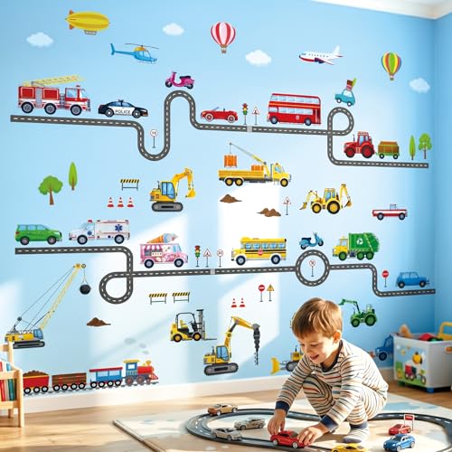 DECOWALL Stickers Muraux Véhicules et Routes – Circuit Voiture Mural avec Camions, Train et Engins de Chantier pour Chambre d’Enfant et Salle de Jeux...