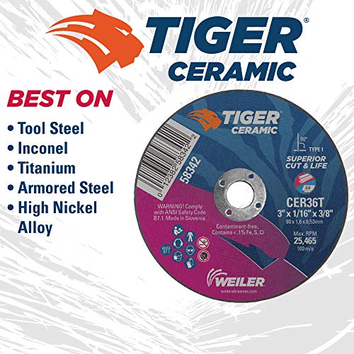 Image of Weiler 58342 3-Inch Cutting Wheel, Tiger Ceramic Contaminant-Free, Max Performance Cutting, 1 /16 inch CER36T Type 1 3 /8 inch Arbor (Pack of 100)