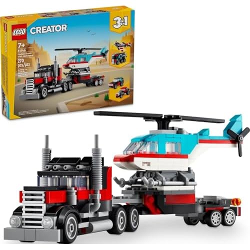 LEGO Creator 3 in 1 Flatbed Truck with Helicopter Toy, Transforms from Flatbed Truck Toy to Propeller Plane to Hot Rod and SUV Cars, Gift Idea for Boys and Girls Ages 7 Years Old and Up, 31146