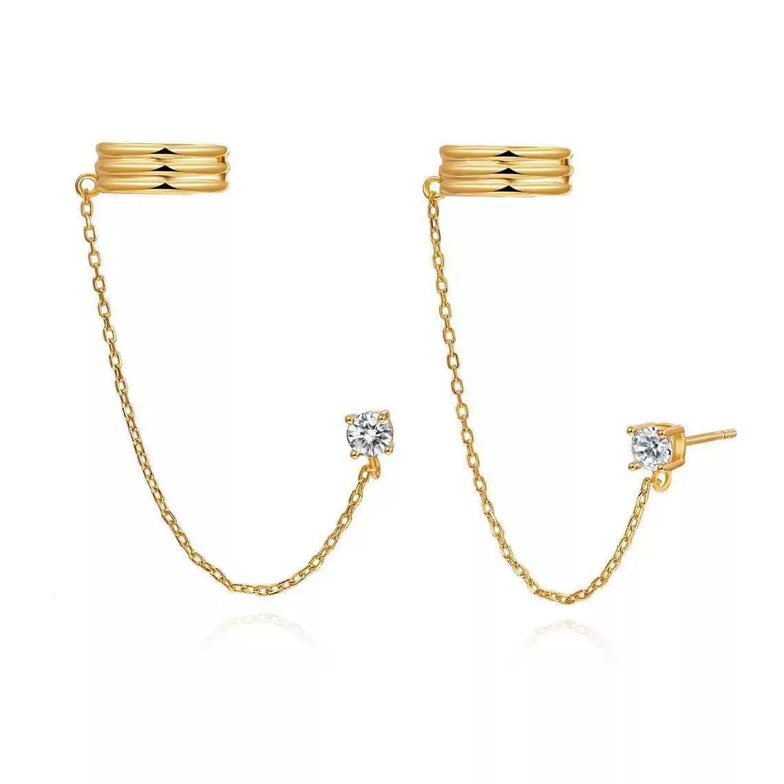 Ear Cuff 14k Dainty Gold/Silver Double Chain Earrings Tassel Drop Dangle Small Hoop Clip Earrings, Chain Climber Crawler Earrings for Women Cartilage