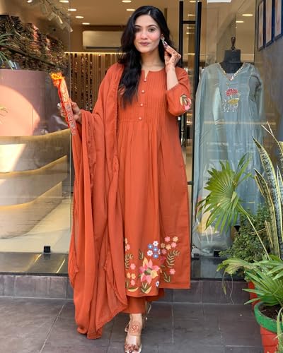 Image of GoSriKi Women's Rayon Viscose Embroidered Anarkali Kurta with Pant and Dupatta | Three Piece Ethnic Kurta Set for Women with Elegant Design