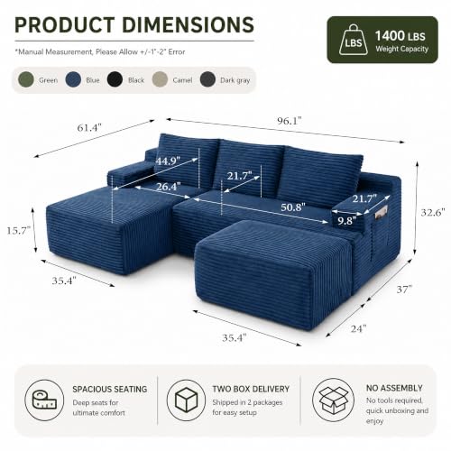 Image of Boneless Couch, Modular Sectional Couches for Living Room, U-Shaped Cloud Couch Sofa with Deep Seat, Fluffy Corduroy Upholstered Corner Sofa