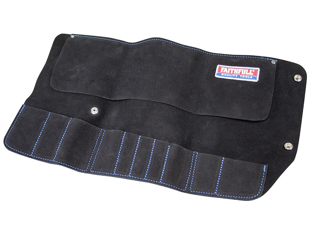 Faithfull Suede Leather Tool Roll, 10 Pocket, Hand Tool Organiser with Press Stud Fastening for Carpenters Woodworkers