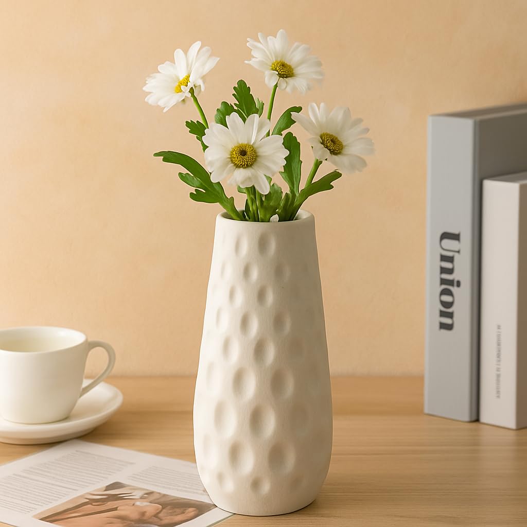 Vendola Pebble Vase for Home Décor, Modern Textured Plastic Flower Pot for Living Room, Bedroom, Table Centerpiece, Ceramic-Look Lightweight (Height 23 cm, White, Pack of 1)