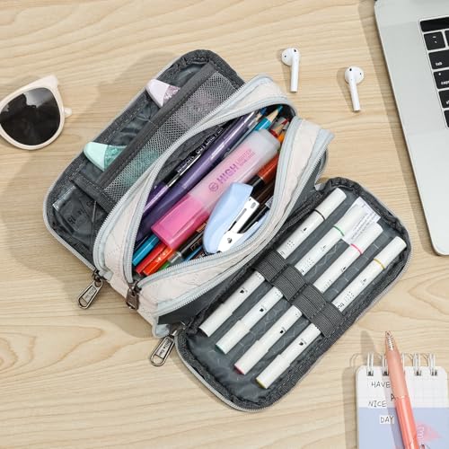 Image of Della Gao Large Pencil Case, Big Capacity Pencil Pouch with 3 Compartments, Office Pencil Bag with Zipper, Big Pen Case for Adults (01-3Beige)