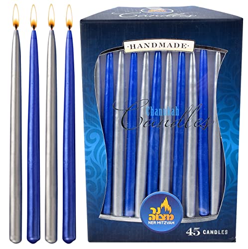 Dripless Chanukah Candles Standard Size - Metallic Blue & Silver Hanukkah Candles Fits Most Menorahs - Premium Quality Wax - 45 Count for All 8 Nights of Hanukkah - by Ner Mitzvah