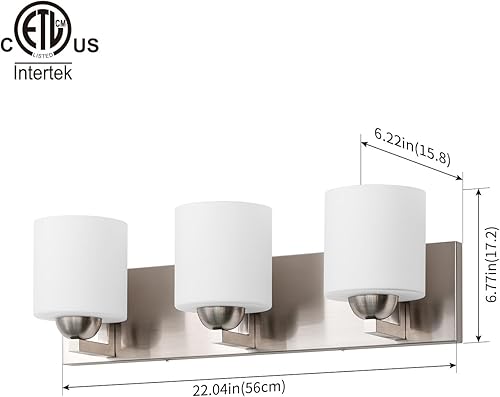 Miniatura 2 de mirrea Lámpara de tocador de níquel cepillado de 22 pulgadas con 3 luces para espejo, aplique de pared de baño con pantallas de vidrio blanco