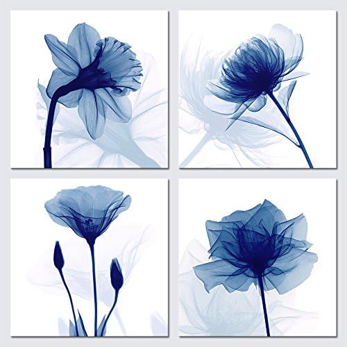 Pyradecor Blue Flickering Flower Trendy Summary Work Canvas Wall Artwork Gallery Wrapped Grace Floral Footage on Canvas Prints 4 Panels Art work for Dwelling Room Bed room Workplace House Decorations