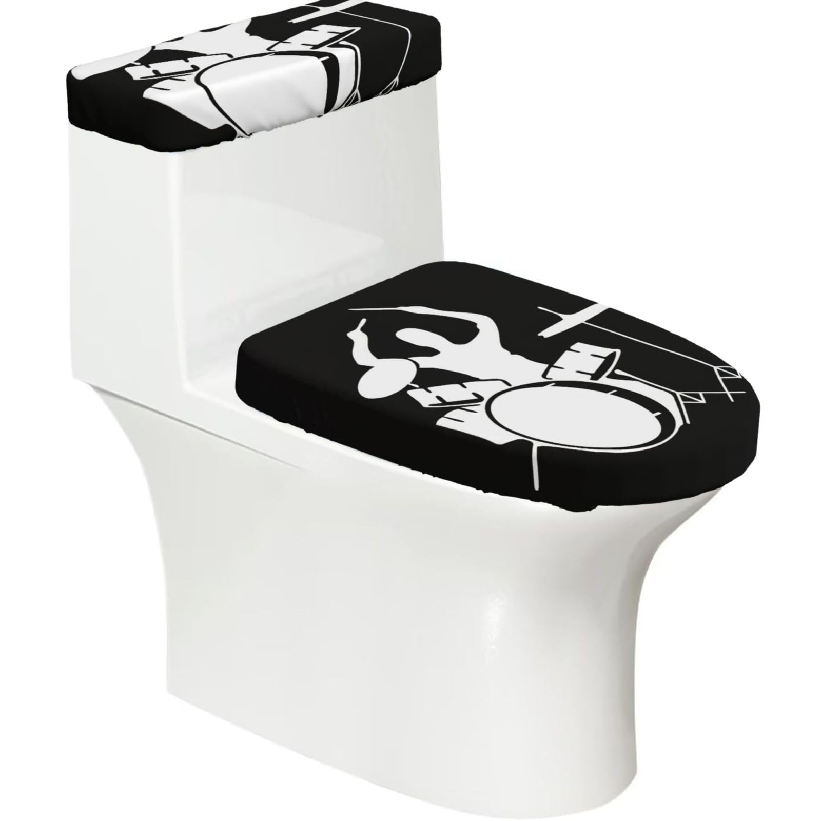 Drummer Print 2-Piece Stretch Toilet Cover Set, Elastic Breathable Toilet Seat and Tank Lid Protector