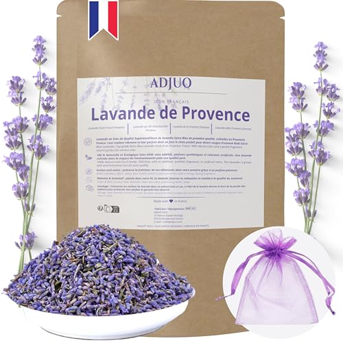 ADJUO, Fleurs de Lavande séchée, Origine Provence, Qualité supérieure, Lavande en Vrac Parfumée Naturelle, Idéal pour Sachets, Pot-pourri, Décoration et...