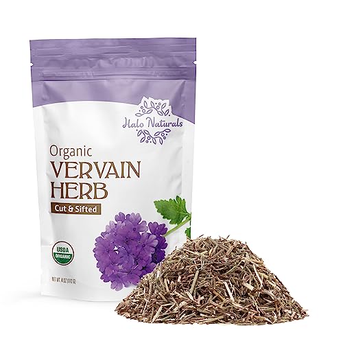 Halo Naturals Organic Vervain Herb Cut & Sifted, 4 Ounces (Verbena officinalis) USDA Certified | Resealable Pouch| Packaged in The USA (Pack of 1)