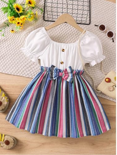 Image of TAGAS Toddler Girls Striped Print Puff Sleeve Bow Front Dress || Stripe Pattern Dress for Kids || A Line Dress || Puff Sleeve Dress for Kids || Casual Dress (KD-202)
