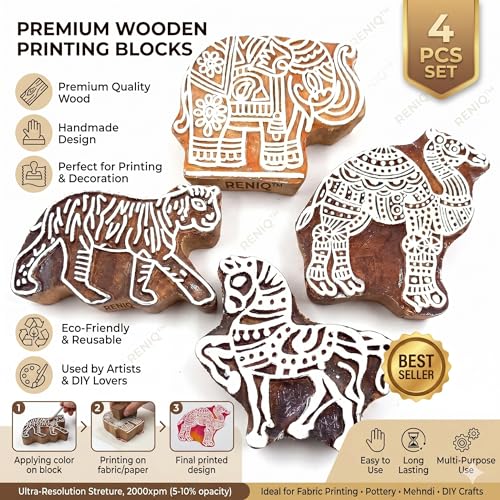 Image of RENIQ Wooden Printing Block for Fabric & DIY Craft | Handcrafted Indian Design Stamp for Textile, Pottery, Mehndi & Home Decor (Multicolor23)