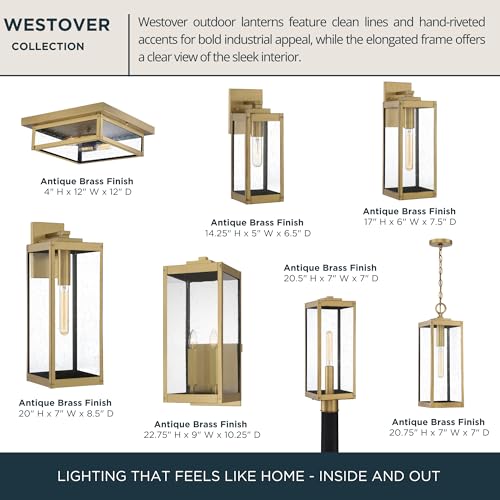 Image of Quoizel Westover 20 inch Outdoor Wall Lantern, Antique Brass | 1-Light, Clear Seeded Glass, E26 Base, ETL Wet Rated