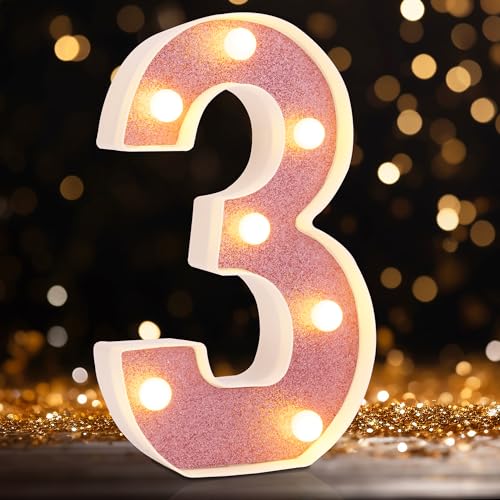 Image of LED Marquee Numbers, Small Light Up Numbers for Party, 8.58 Inch Battery Powered Lighted Number for Birthday, Night Light, Table or Home Decor (Pink Glitter, Number 3)