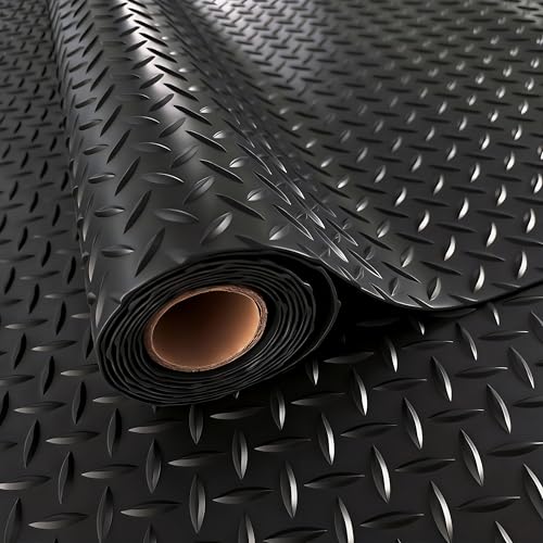 StellarStar 4x8 FT Garage Floor Mat, 2.8mm Thickened PVC Diamond Plate Garage Mat with 20PCS Tapes, Rubber Flooring Rolls for Under Car, Non-Slip Rubber Motorcycle Mat for Golf Cart, Trailer, Black