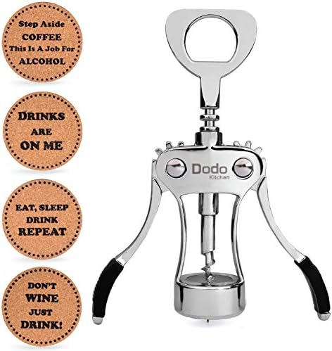 Dodo Kitchen Stainless Steel Wine and Beer Bottle Opener | With 4 Drink Coasters | Manual Multifunctional Wing Corkscrew | Sturdy and Easy-to-Wash | Wine Accessory For Kitchen, Bars, and More