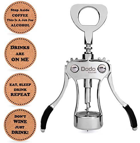 Dodo Kitchen Stainless Steel Wine And Beer Bottle Opener | With 4 Drink Coasters | Manual Multifunctional Wing Corkscrew | Sturdy And Easy-To-Wash | Wine Accessory For Kitchen, Bars, And More #TOP12