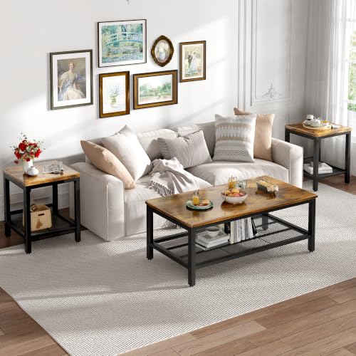 Image of 3-Piece Coffee Table and End Table Sets for Living Room, Industrial Coffee Table Set of 3 with Storage, Modern Farmhouse Rustic Living Room Table Set for Apartment Home Office