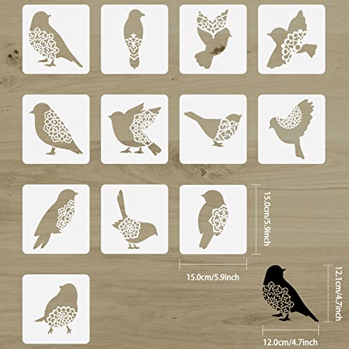 FINGERINSPIRE 12 x Birds Stencil 15 x 15 cm Birds Silhouettes with Flower Pattern Reusable Stencil for Painting Cooking Crafts Wall Furniture Decoration - Image 2