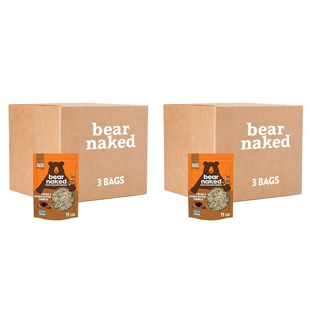 Bear Naked Granola Cereal, Whole Grain Granola, Breakfast Snacks, Cacao and Cashew Butter Crunch (3 Bags) (Pack of 2)